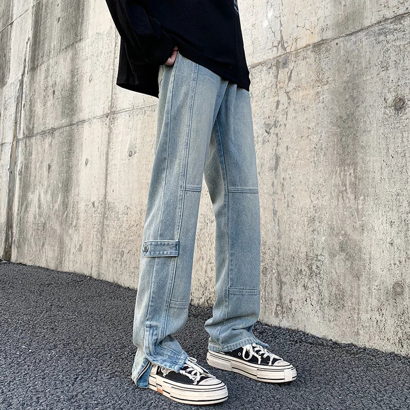 Hehope Vintage Wash Men Hip-Hop Denim Pants Straight Slim Jeans Retro Zipper Leg Open Fork High Quality Casual Jeans M-5XL