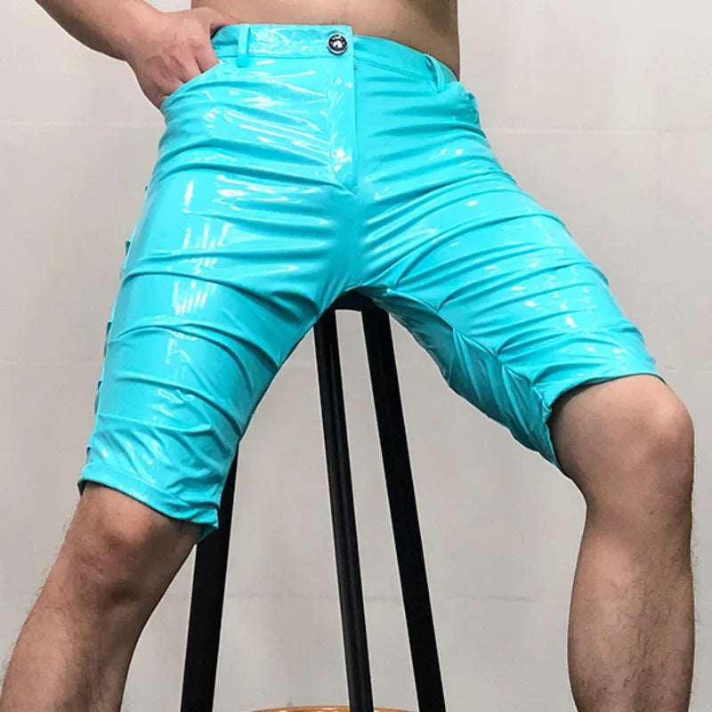 Hehope Shinny Leather Short Sexy Nightclub Multicolor Elasticity Slim Men Motorcycle Shorts Men's DS Costumes Anti-bright PU Pant