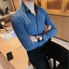 Hehope Autumn Slim Fit V Neck Long Sleeve Shirt Men Business Casual Solid Blouse Male Office Social Dress Shirt Plus Size 5XL-M