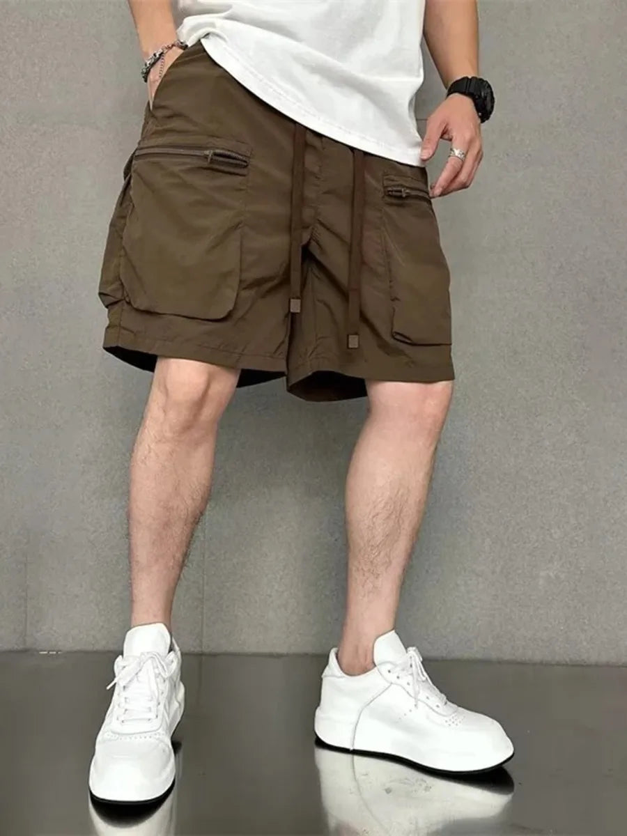 Hehope Summer Quick-drying Shorts Men Casual Zipped Large Pocket Cargo Shorts Loose 2024 Fashion Solid Hip-Hop Beach Half Trousers