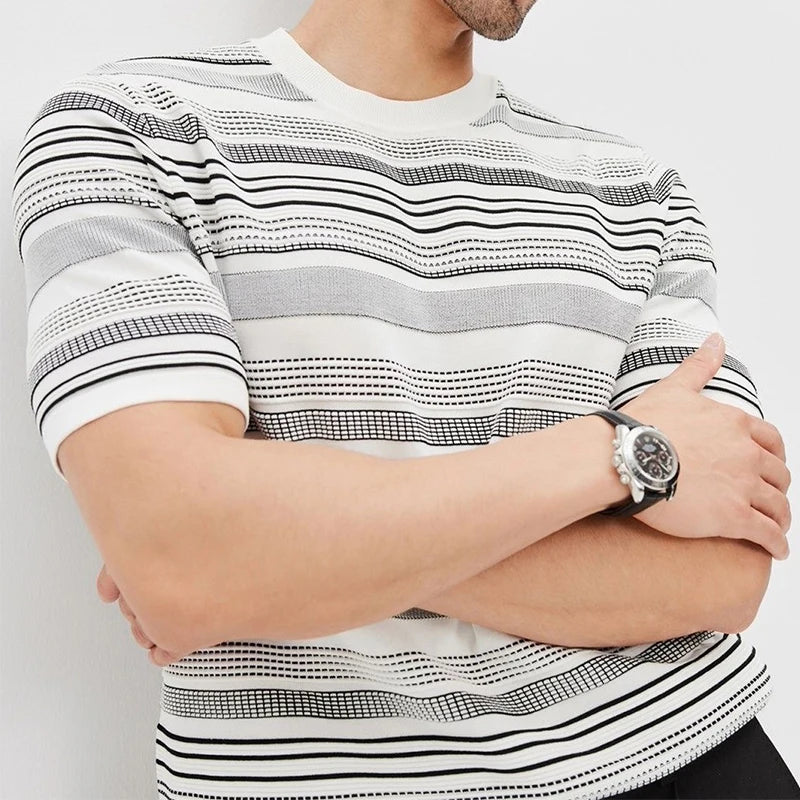 Hehope New Fashion Slim O Neck T Shirt Knit Mens Short Sleeve Knitting Tops 2024 Spring Summer Casual Striped Knitted Tee Men Pullovers