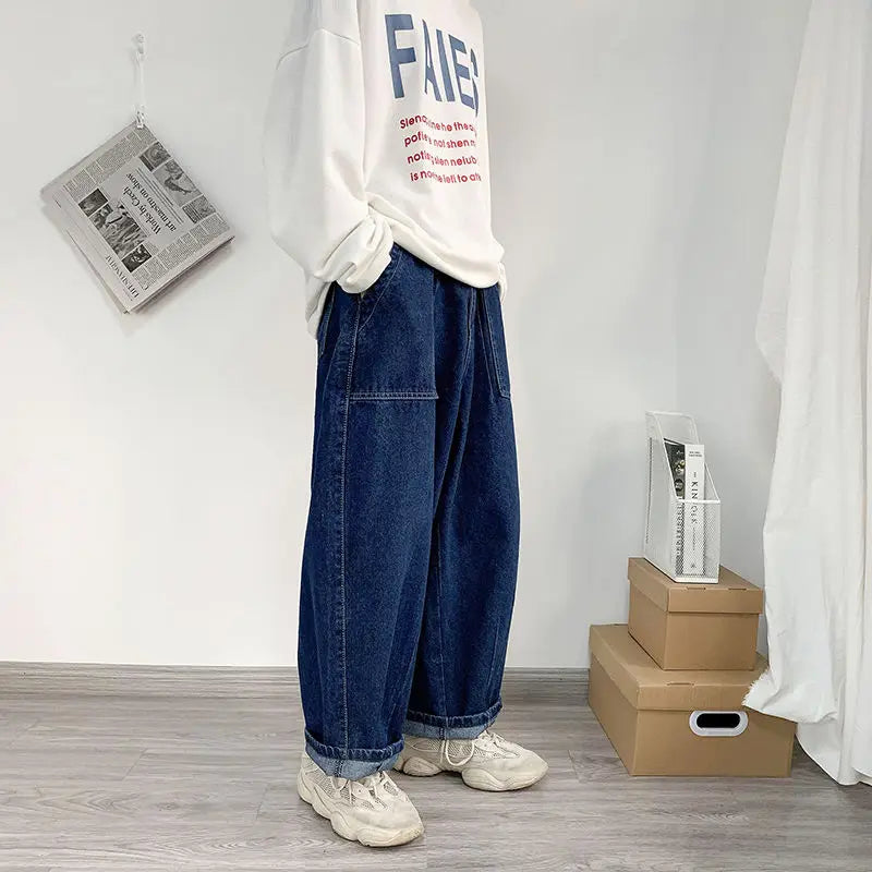 Hehope Spring Autumn New Solid Color Cowboy Straight Pants Man Japanese Style Loose Fashion Hip Hop Personality Wide Leg Trousers