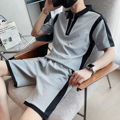 Hehope Plain Male Polo T Shirt Shorts Sets Korean Style Top Elastic Sweatshirt High Quality New In Matching Cool Loose Clothes for Men