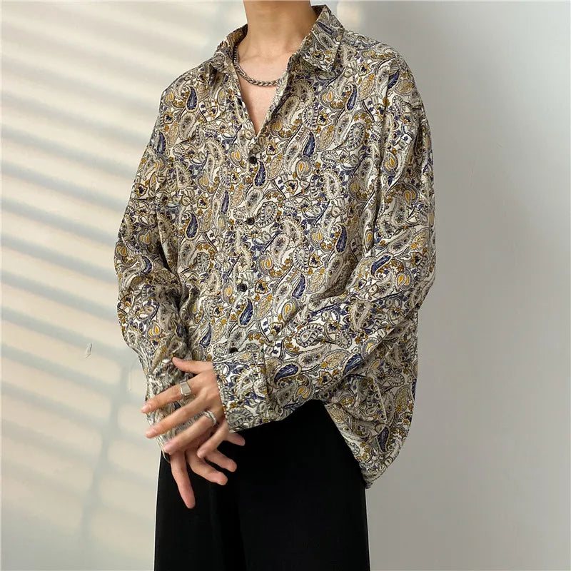 Hehope Spring Autumn New Cashew Flower Print Long-sleeved Shirt Korean style Loose Casual Tee Tops Men All-Match Blouse