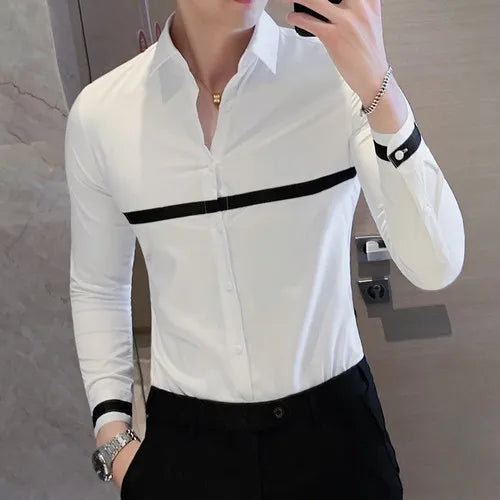 Hehope Autumn Long Sleeve Shirts Slim Fit Casual Business Formal Dress Shirts Ribbon Decoration Social Party Office Shirts Men Clothing