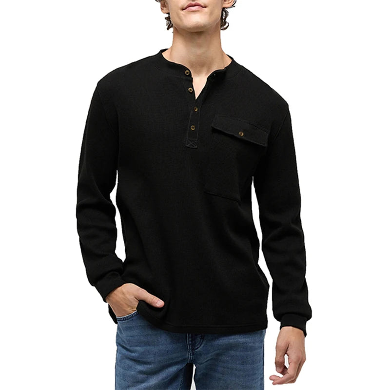 Hehope 2024 Spring Men's Casual T Shirts Long Sleeve Buttoned Crew Neck Tops Fashion Solid Color Waffle T-shirt For Men Bottom Pullover