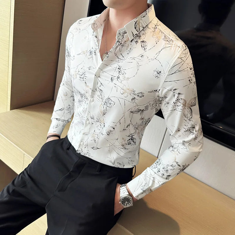 Hehope Luxury Gold Silk Printed Shirt Men Fashion Slim Fit Long Sleeved Casual Shirts Business Social Formal Dress Shirts Men Clothing