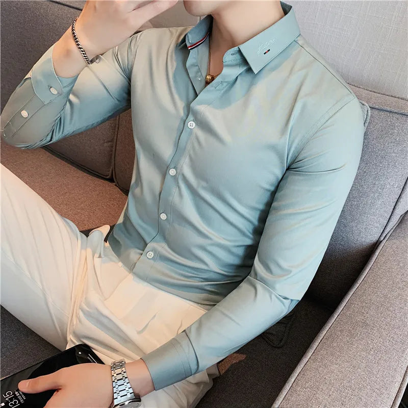 Hehope British Style Men Long Sleeved Shirt 2024 Autumn Anti-wrinkle Soft Solid Casual Elastic Slim Fit Camisas Y Blusas Men Clothing