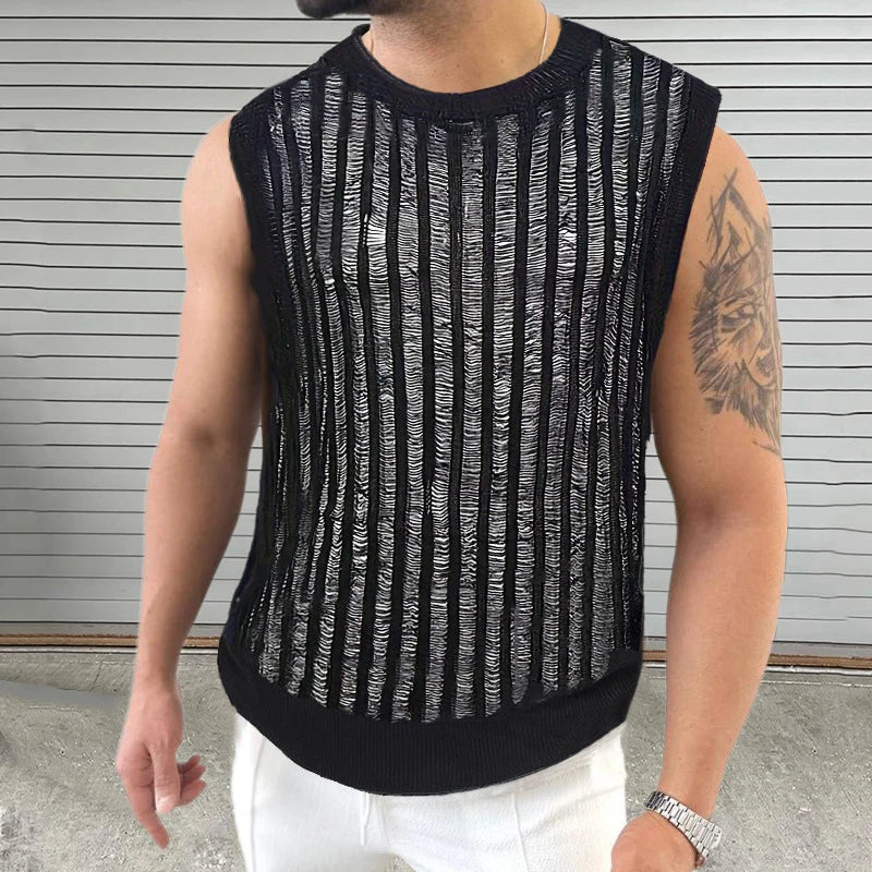 Hehope Hip Hop Mens Slim Tank Tops Knitted Crew Neck Sleeveless Casual Camisoles 2024 Summer Sexy Hollow Out See Through Knitting Vest