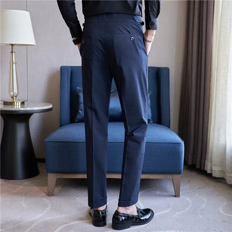 Hehope Men High Waist Casual Dress Pant 2023 Autumn New British Style Pink Trousers Formal Office Social Wedding Party Dress Suit Pants