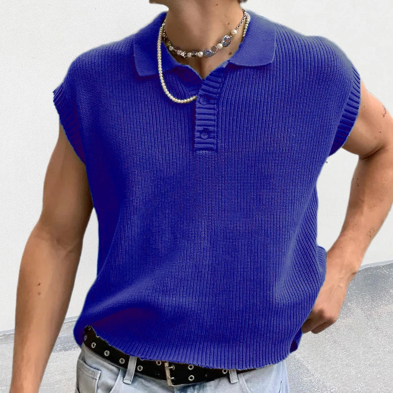 Hehope Leisure Solid Knitting Tops Men Sleeveless Buttoned Turn-down Collar Knit Vest Shirts Spring Summer Men's Clothing Fashion