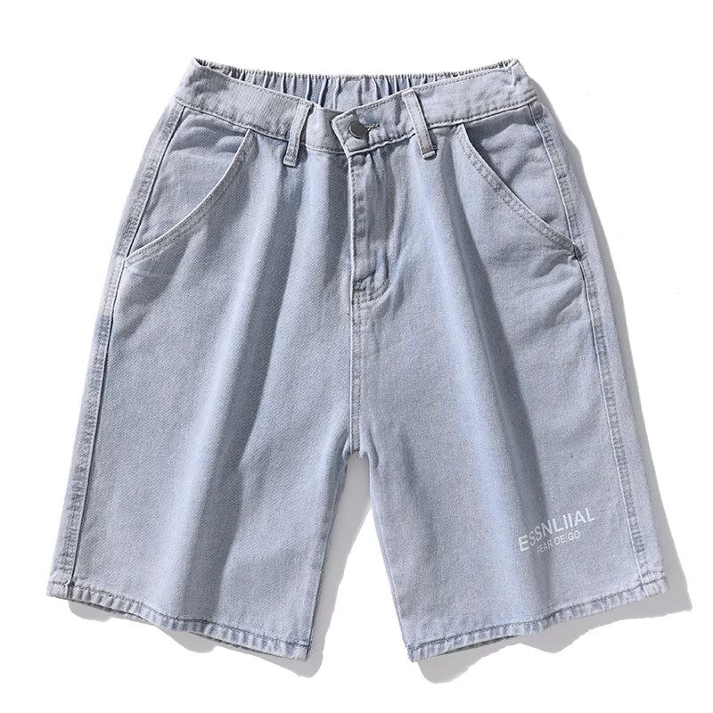 Hehope spring and summer new brand men's five-point jeans shorts men's loose straight elastic waist printing trousers blue black