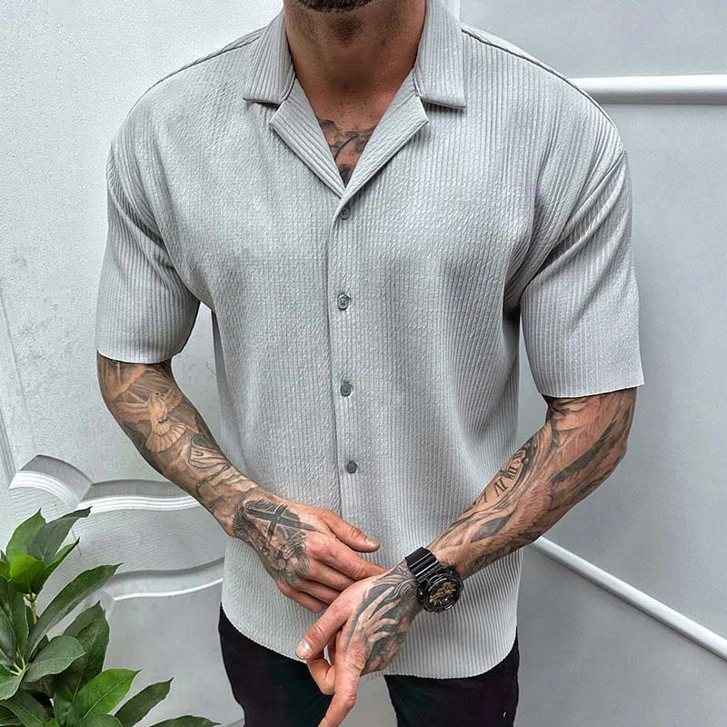 Hehope Leisure Solid Color Ribbed Shirts Men Clothes Fashion Short Sleeve Lapel Button Shirt 2023 Spring Summer Men's Casual Streetwear