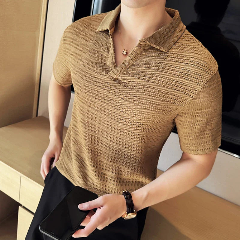 Hehope 2024 Summer Hollow Knit Short Sleeved T-shirt V-neck Solid Color Polo Shirt Men Summer Casual Business Lapel Tee Tops Streetwear