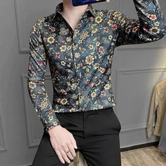 Hehope Summer Handsome Retro Loose Casual England Style Men's Shirt Irregular Print Polyester Button Lapels Long Sleeve Y2K Chic Tops