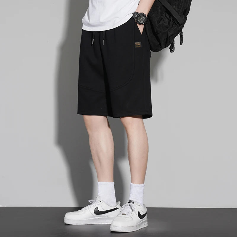 Summer Elastic Waist Lace Up Cotton Shorts Men Loose Casual Solid Color Knee Length Pants Male Fashion All-match Short Trousers