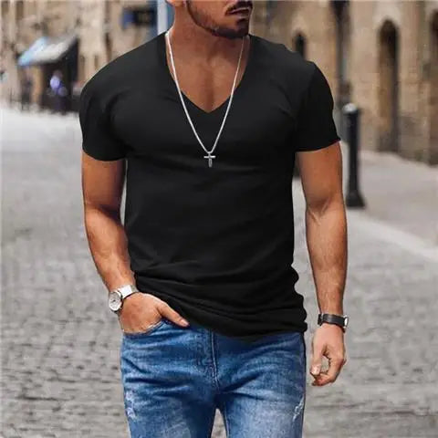 Hehope Summer Men V-neck Basic T-shirt Slim Solid Cotton Breathable Quick Dry Casual Sports Simple Versatile Bottoming Short Sleeve Top