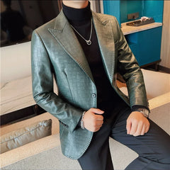 Hehope Autumn Winter Checkered Leather Jacket Men Business Slim Fit Casual Blazer Party Stage Singer Social Dress Coat Streetwear