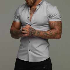 Hehope Muscle Men Fitness Sports Leisure Elastic Shirt Solid Lapel Button Business Streetwear Fashion Trend Summer New Short Sleeve Top