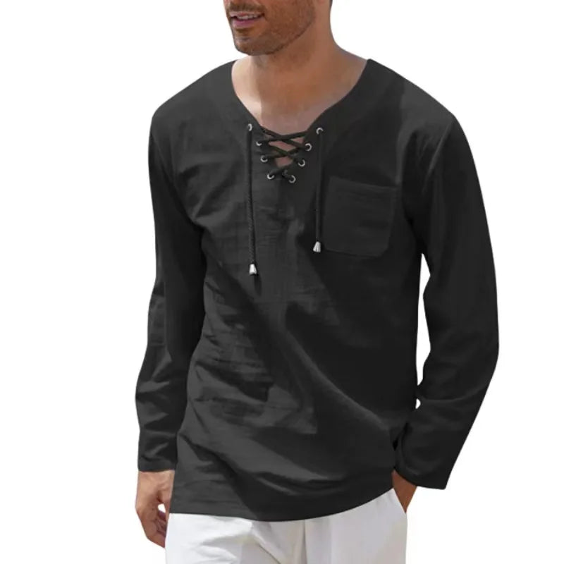 Hehope Summer New Men's Long Sleeves T-shirt Cotton Linen Clothes V Neck Lace-up Loose Tops Tees Shirt Beach Casual Pullover S-4XL