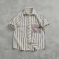 Hehope Vintage Fashion Striped Short-sleeved Shirt Men's Top Vintage Loom Cotton Patchwork Fabric Summer Cargo Shirt