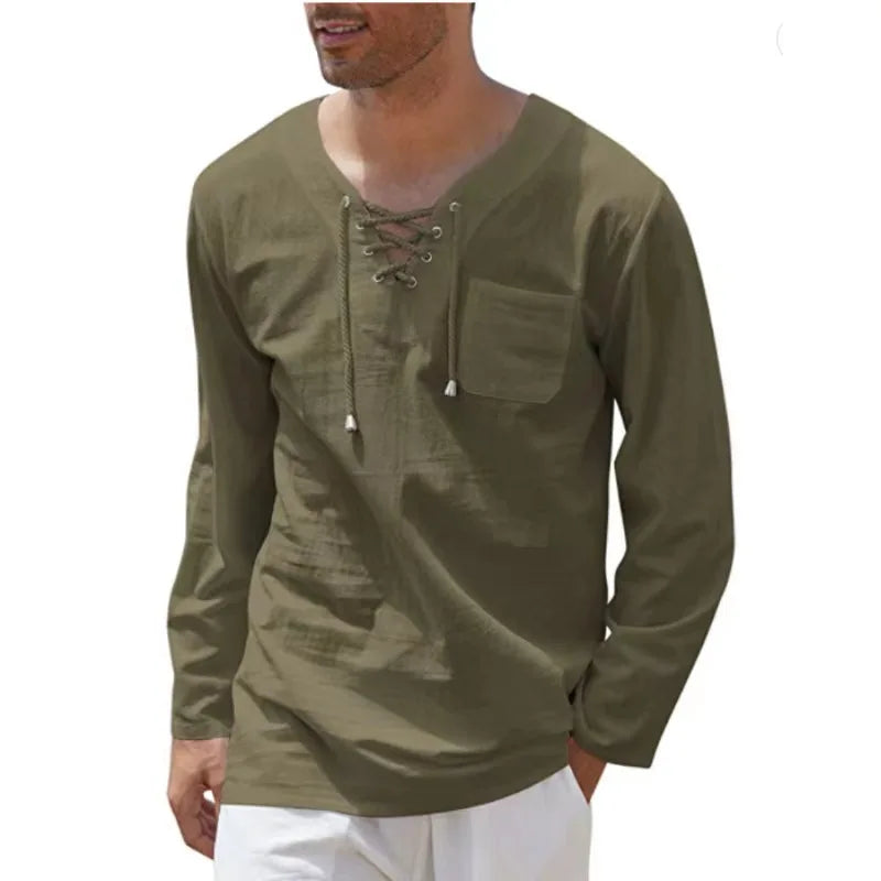 Hehope Summer New Men's Long Sleeves T-shirt Cotton Linen Clothes V Neck Lace-up Loose Tops Tees Shirt Beach Casual Pullover S-4XL