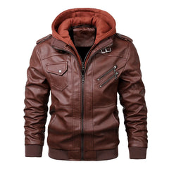 Hehope Spring and Autumn Men's Hooded Leather Jackets Large Casual Loose and Handsome Fashion Motorcycle Riding Suits Waterproof