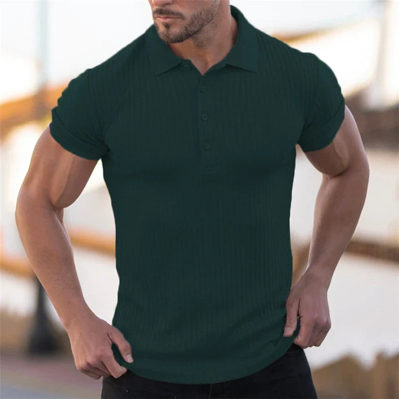 Hehope Summer Fashion Solid Ribbed Sports Polo Shirt for Men Short Sleeve Slim Fit Breathable Fitness Gym Bodybuilding Tops Ropa Hombre