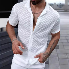 Hehope Summer Men's Short-Sleeve Hollow-Out Lace Shirt Solid Color Geometric Patterns Lapel Perspective Short Sleeve Shirt For Male Top