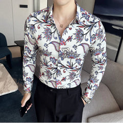 Hehope Autumn Flower Printed Shirt for Men Long Sleeve Lapel Casual Shirts Fashion Slim Fit Business Social Dress Shirts M-6XL