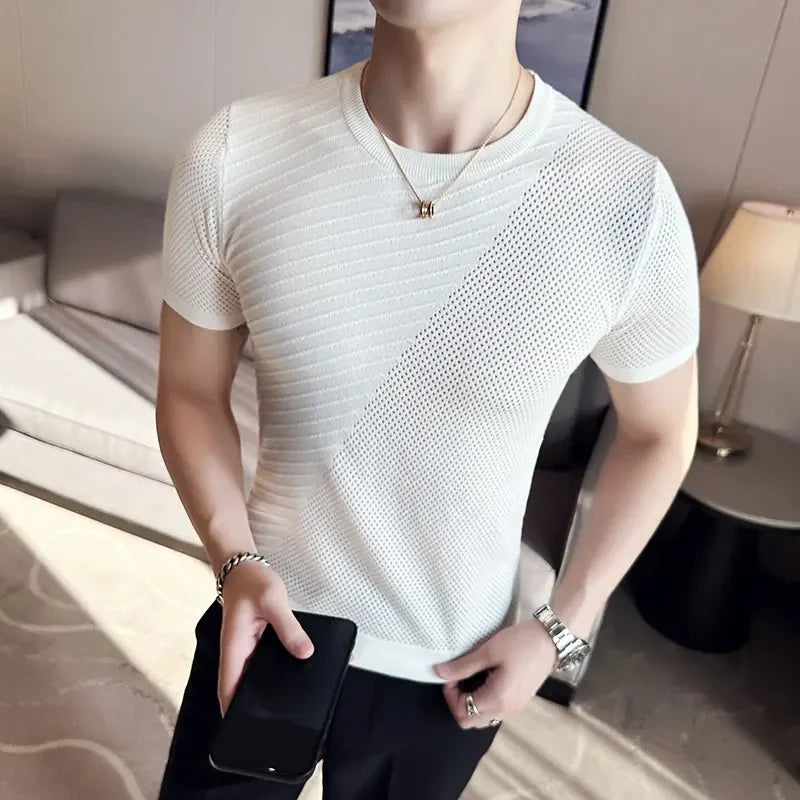 Hehope Men's Short Sleeve T-shirt Summer Thin High Elastic Slim Fit Knit Tee Shirts Tops O Neck  Solid Casual Fashion Men Clothing