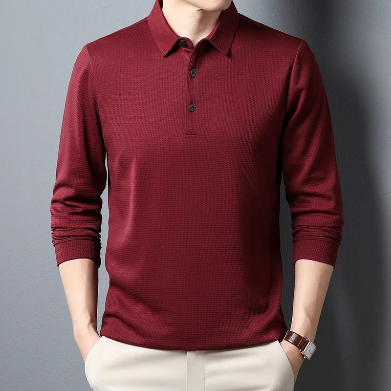 Hehope Men's Business Casual Polo Long Sleeve T-shirt Summer Comfortable  Solid Cotton Top