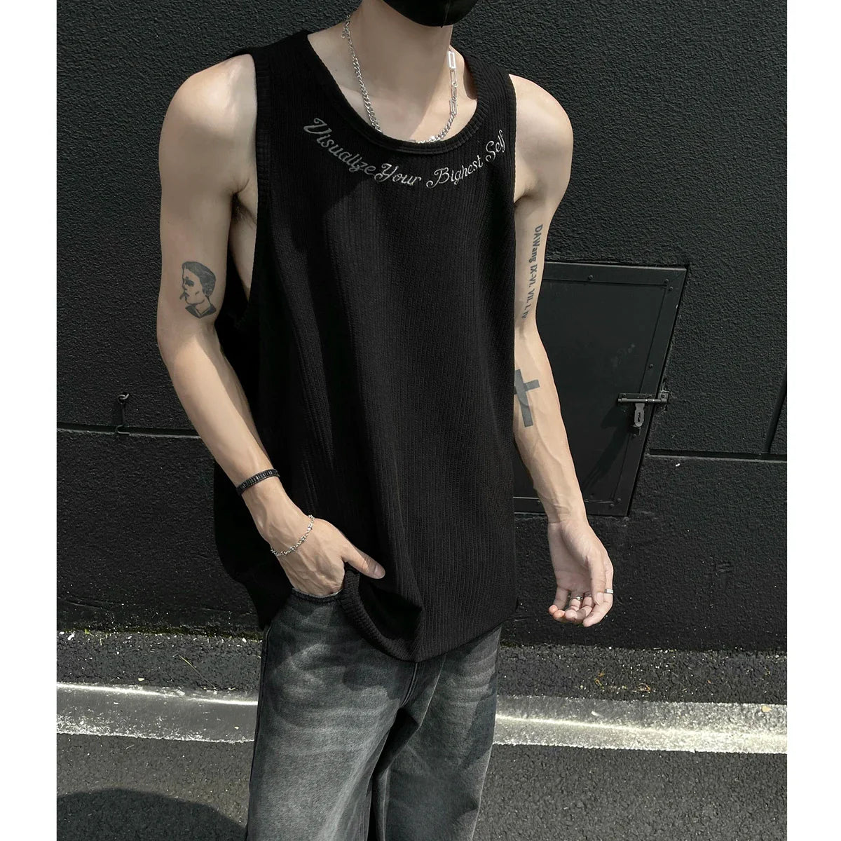 Hehope Summer Men's Letter Embroidery Tank Top Black White Oversized Sleeveless T-shirts for Men