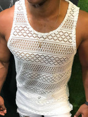 Hehope New Fashion Solid Vest For Men Summer Sexy  Hollow Out Lace Tank Top Casual O-Neck Sleeveless Tops Pullover Mens Streetwear