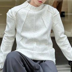 Hehope Mens Autumn 100% Cotton Slim Fit Half Turtle Collar Long Sleeve T-Shirt Genderless Korean Style Contour Line Sweatshirt Unisex