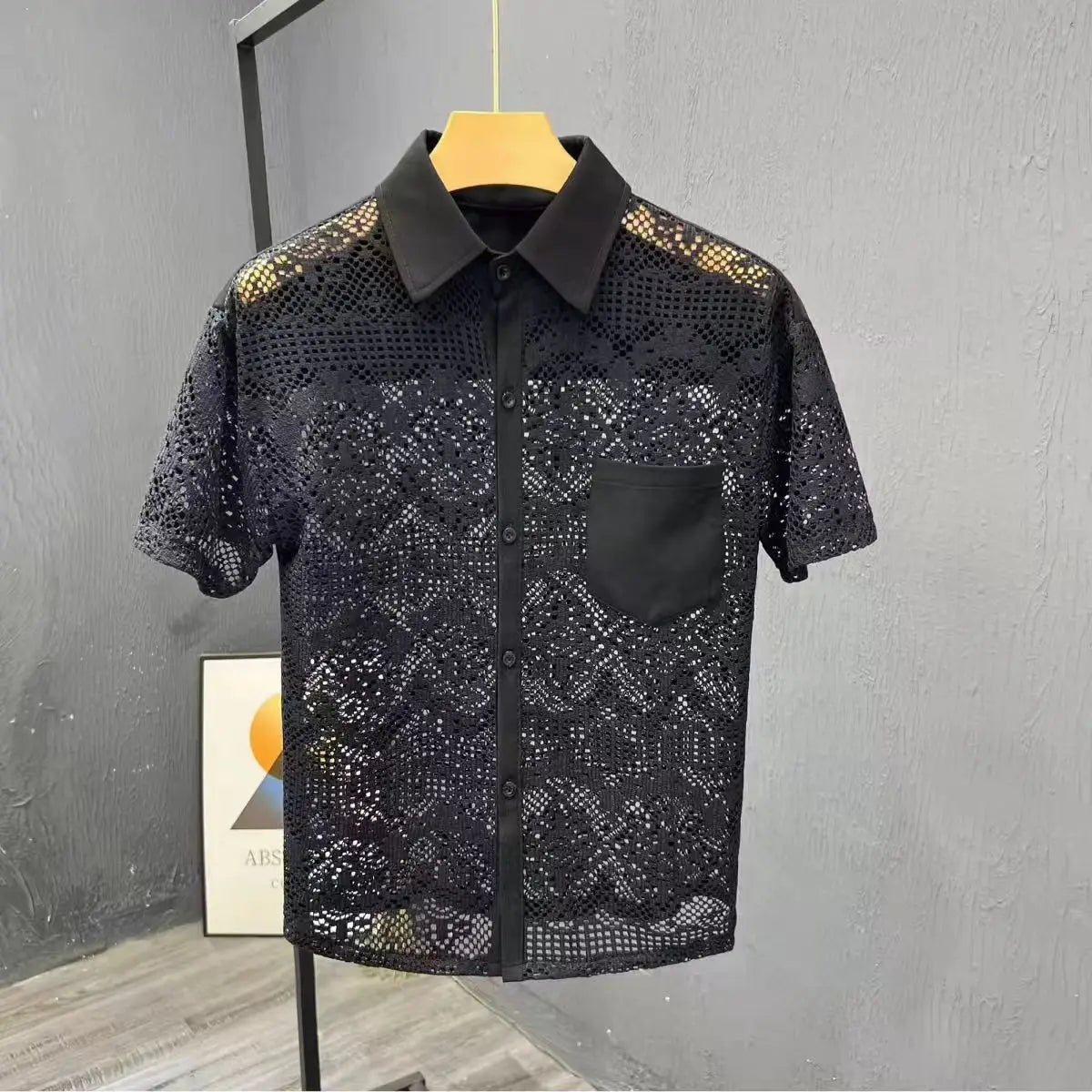 Hehope Summer Fashion Ice Silk Shirts For Men Sexy Lace Breathable Hollow Out Tops Turn-down Collar Pocket Short Sleeved Shirt Male