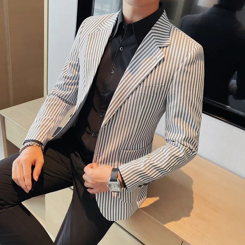 Hehope High Quality Autumn Striped Suit Jacket for Men Fashion Slim Fit Casual Business Blazers Masculino Wedding Social Men Clothing