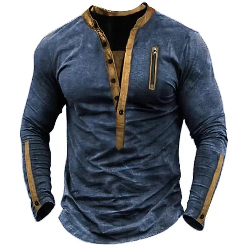 Hehope Spring Autumn Vintage Casual Loose Men Zip Pocket Pullover Splicing Men's Outdoor T-shirt Henley Collar Tactica Male Tops Shirts