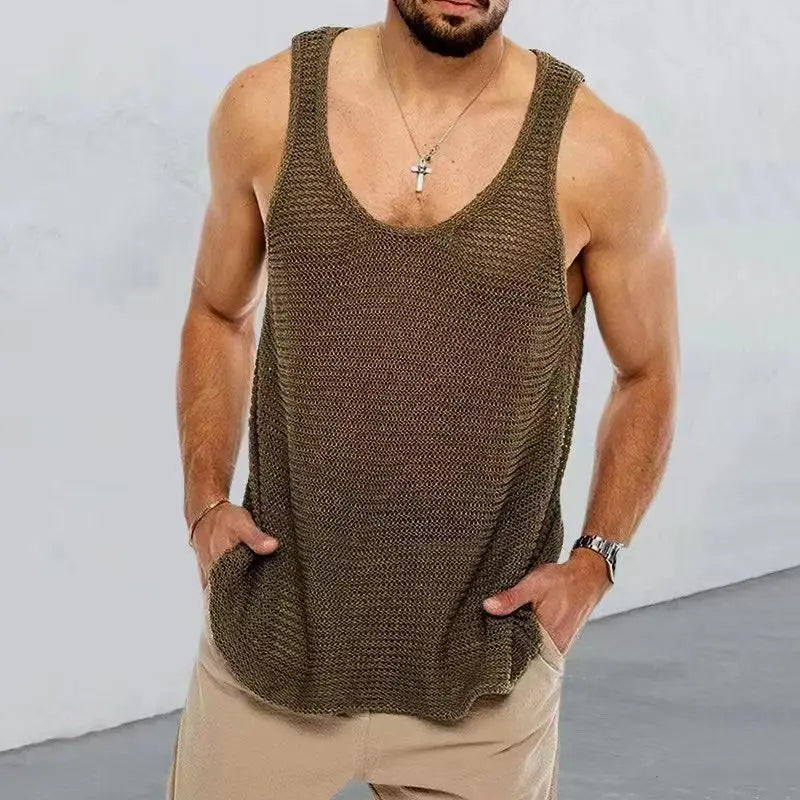 Hehope Fashion Solid Color Knit Vest Men's Sports V-Neck Sleeveless Sexy Tank Top Men's Breathable Quick Dry Loose Tees Summer 2024 New