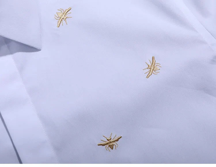 Hehope Bee Embroidery Men's Shirt Long Sleeve Business Formal Dress Shirts Casual Slim Fit Social Party Stage Star Chemise Homme