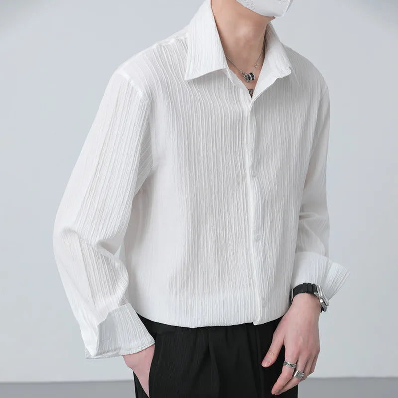 Hehope Summer Thin Shirt Men Slim Fit Fashion Social Mens Dress Shirt Korean Casual White Long Sleeved Shirt Mens Pleated Shirts M-2XL