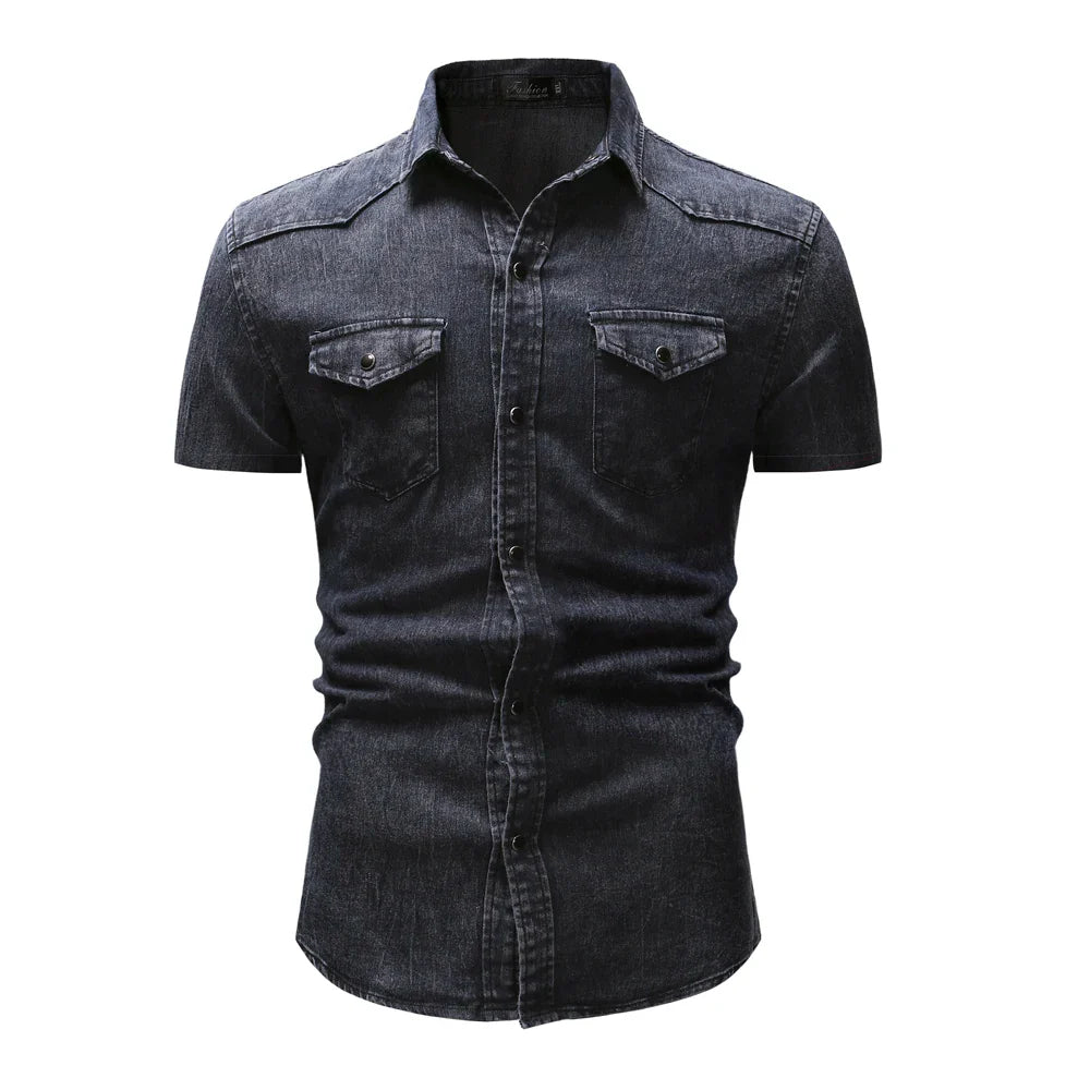 Hehope Summer New Simple Men Denim Shirt Casual Business Mens Short Sleeve Shirts Fashion Polo Collar Male Tops