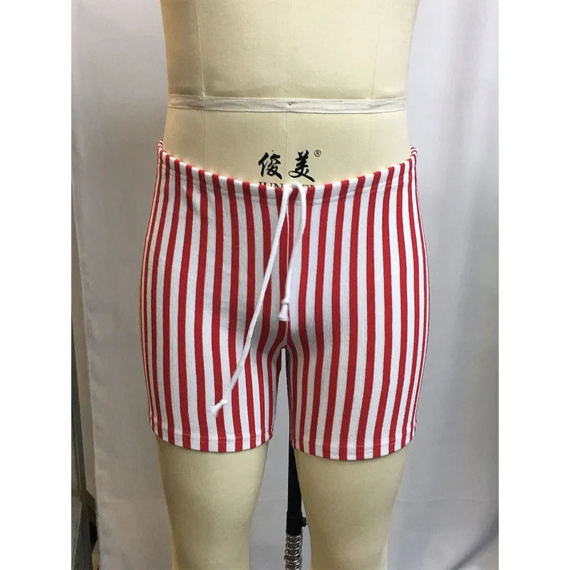 Hehope Men's Striped Sexy Skinny Shorts Red Striped Elastic Men's Shorts Casual Pants Gym Basketball Pants Men's Clothing Y2k Shorts