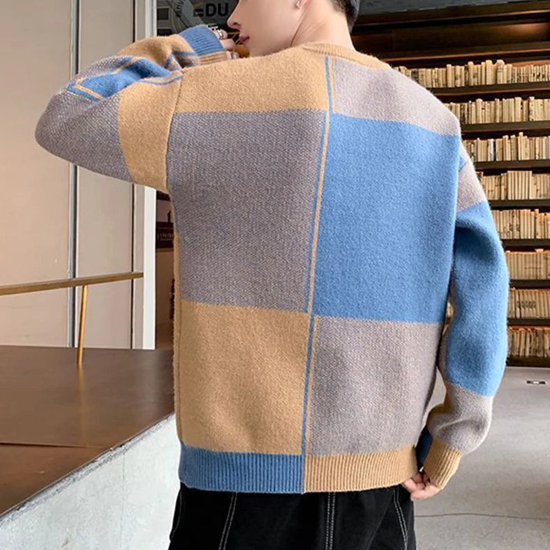 Hehope Autumn Winter Round Neck Patchwork Loose Casual Jumpers Men Knitting Pullovers Homme All-match Fashion Bottoming Sweater Top