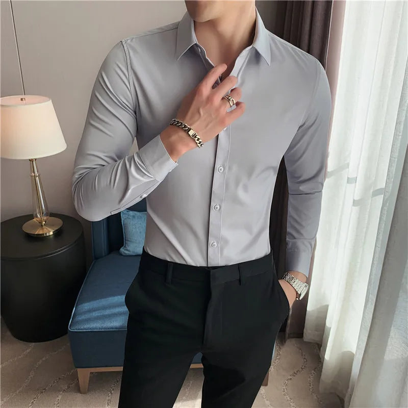 Hehope Men Long Sleeve Shirt New British Style Solid Casual Slim Fit Camisas Y Blusas Formal Dress Chemistry Homme Men Clothing