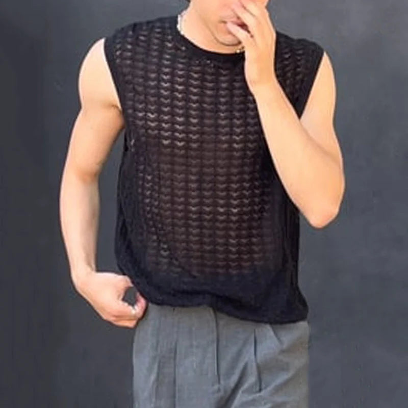 Hehope Streetwear Men's Tank Tops Knitted Hollow Out Breathable Casual Solid Color Vest Men Summer Sexy See Through Sleeveless Camisole