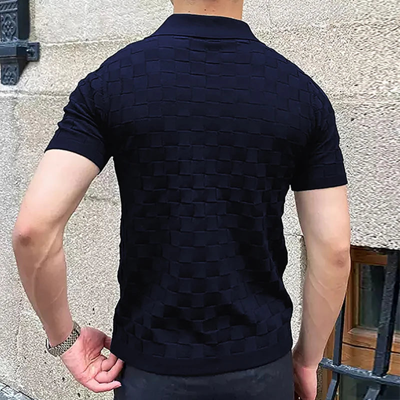 Hehope Vintage Plaid Jacquard Knitted Polo T Shirts Men Summer Casual Breathable Thin Knit Tops Mens Knitwear Fashion Slim Polo Shirts