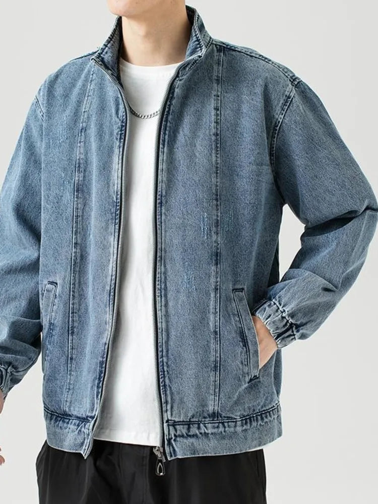 Hehope Stand Collar Denim Jacket Men Casual Autumn Zip Closure Jacket Coat Loose Baggy Blue Retro Jacket Man Fashion Clothing