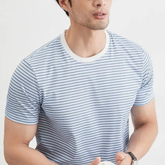 Hehope Fashion Casual New Summer T-Shirts Men Round Neck Striped Ice Silk Fabric Anti Pilling Trend Versatile Short Sleeve Slim Tops