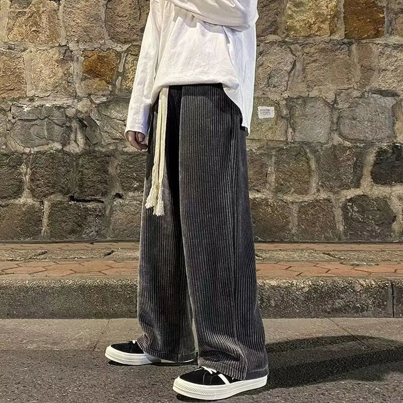 Hehope Autumn Winter Elastic Waist Corduroy Wide Leg Pants Men Solid Color Loose Casual All-match Sweatpants Homme Add Velvet Trousers